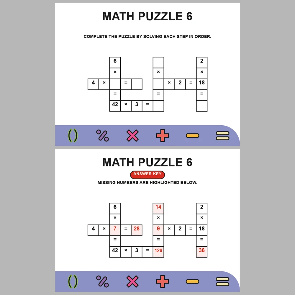 Math Puzzle Multiplication 10 Puzzle Pages + 10 Answer Key Pages (Vol. 1)