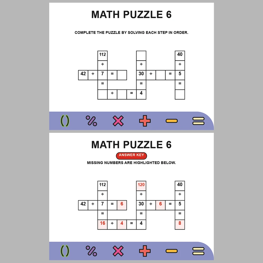 Math Puzzle Division 10 Puzzle Pages + 10 Answer Key Pages (Vol. 10)