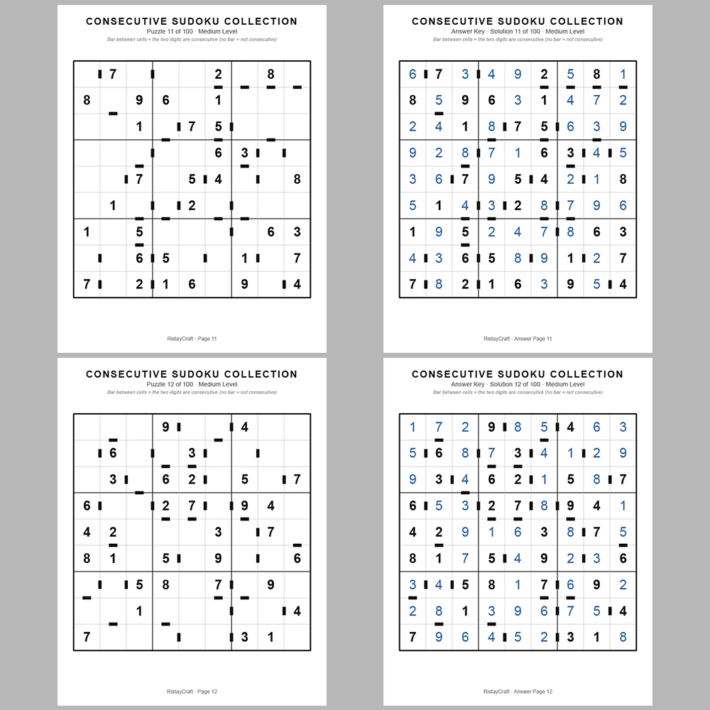 Sudoku Puzzle Consecutive Sudoku 100 Puzzle Pages + 100 Answer Key Pages