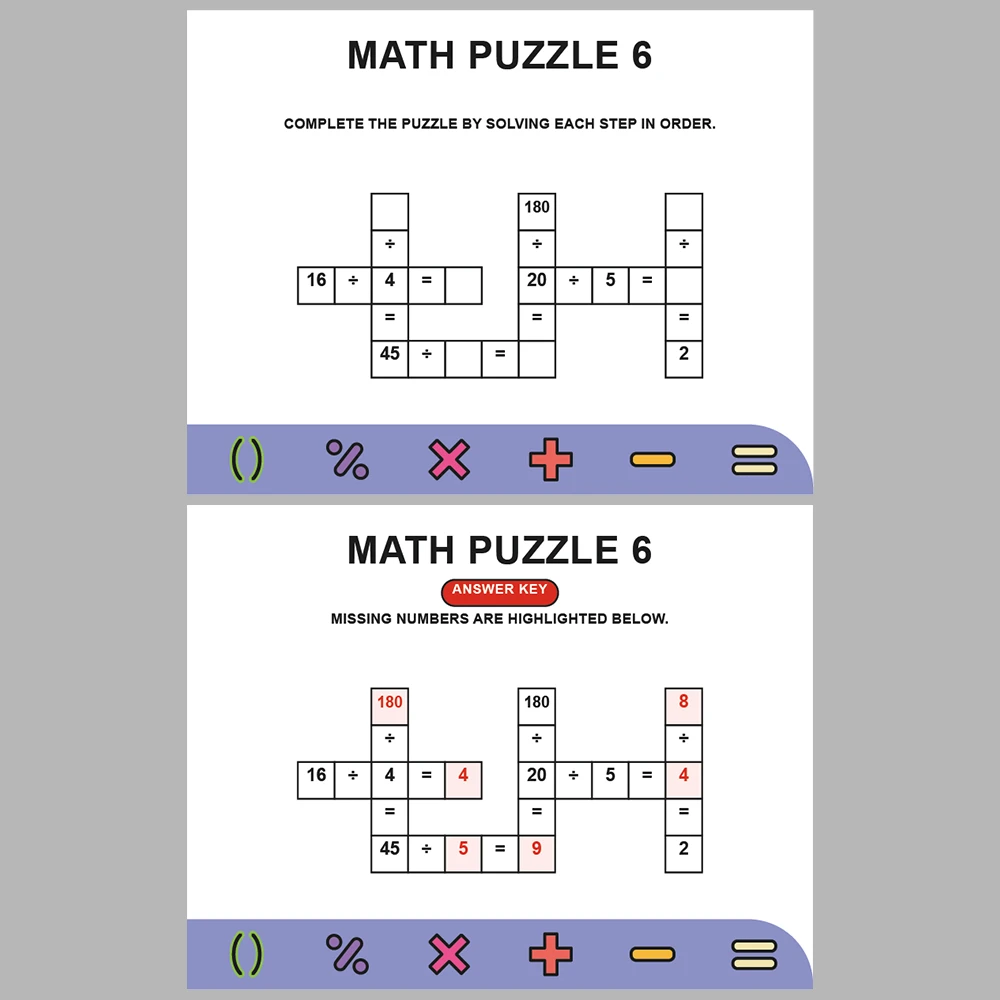 Math Puzzle Division 10 Puzzle Pages + 10 Answer Key Pages (Vol. 5)