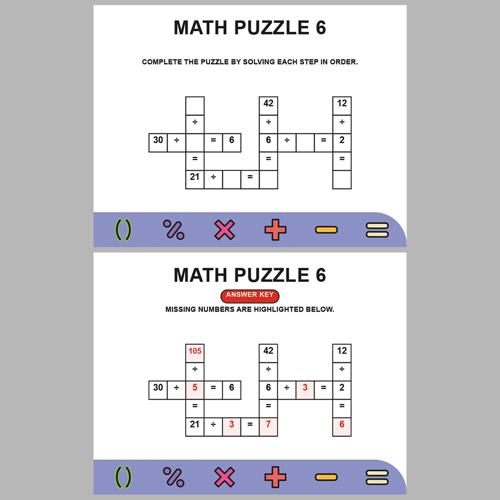 Math Puzzle Division 10 Puzzle Pages + 10 Answer Key Pages (Vol. 6)