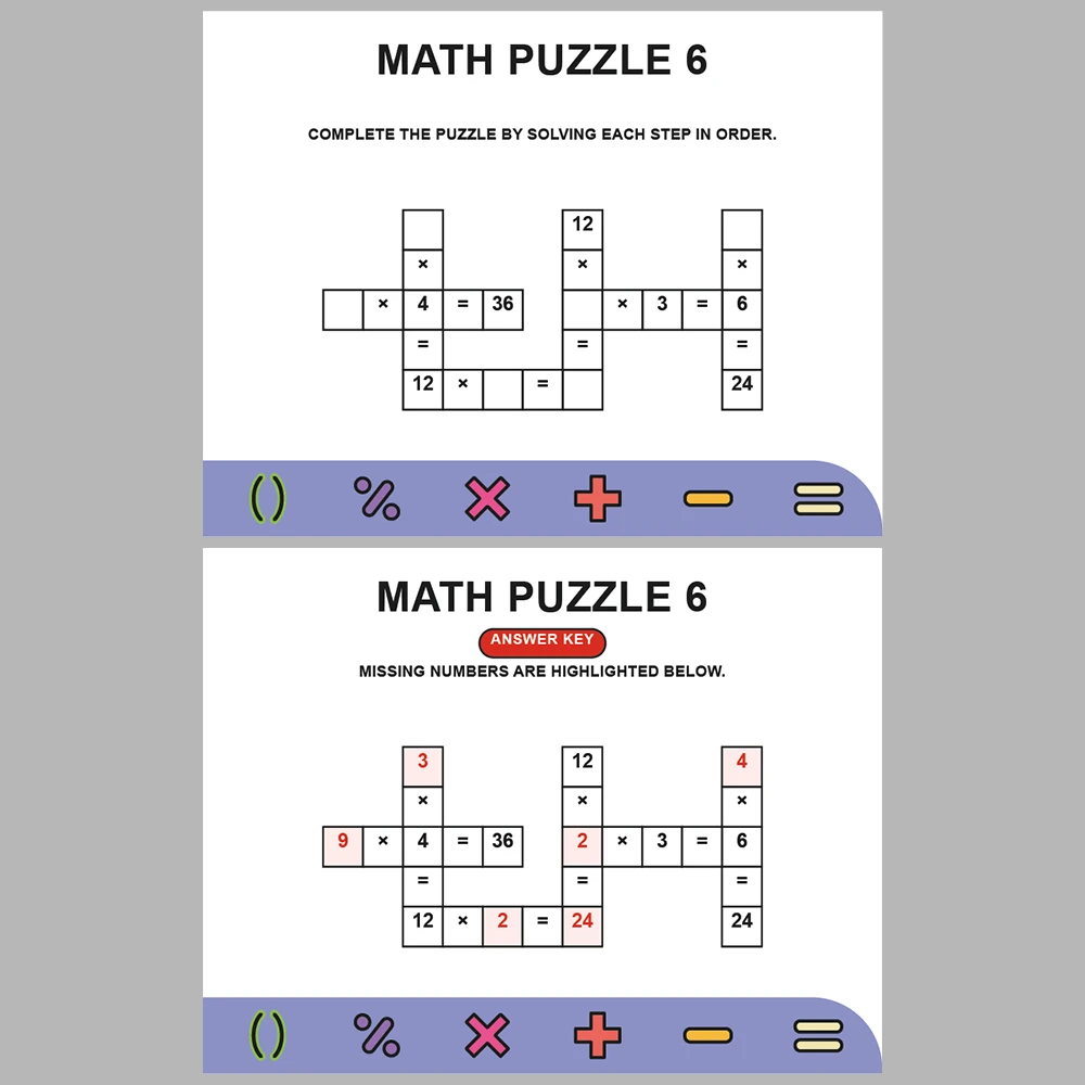 Math Puzzle Multiplication 10 Puzzle Pages + 10 Answer Key Pages (Vol. 8)