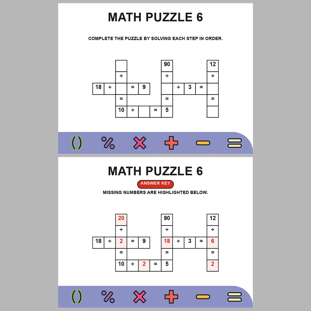 Math Puzzle Division 10 Puzzle Pages + 10 Answer Key Pages (Vol. 7)