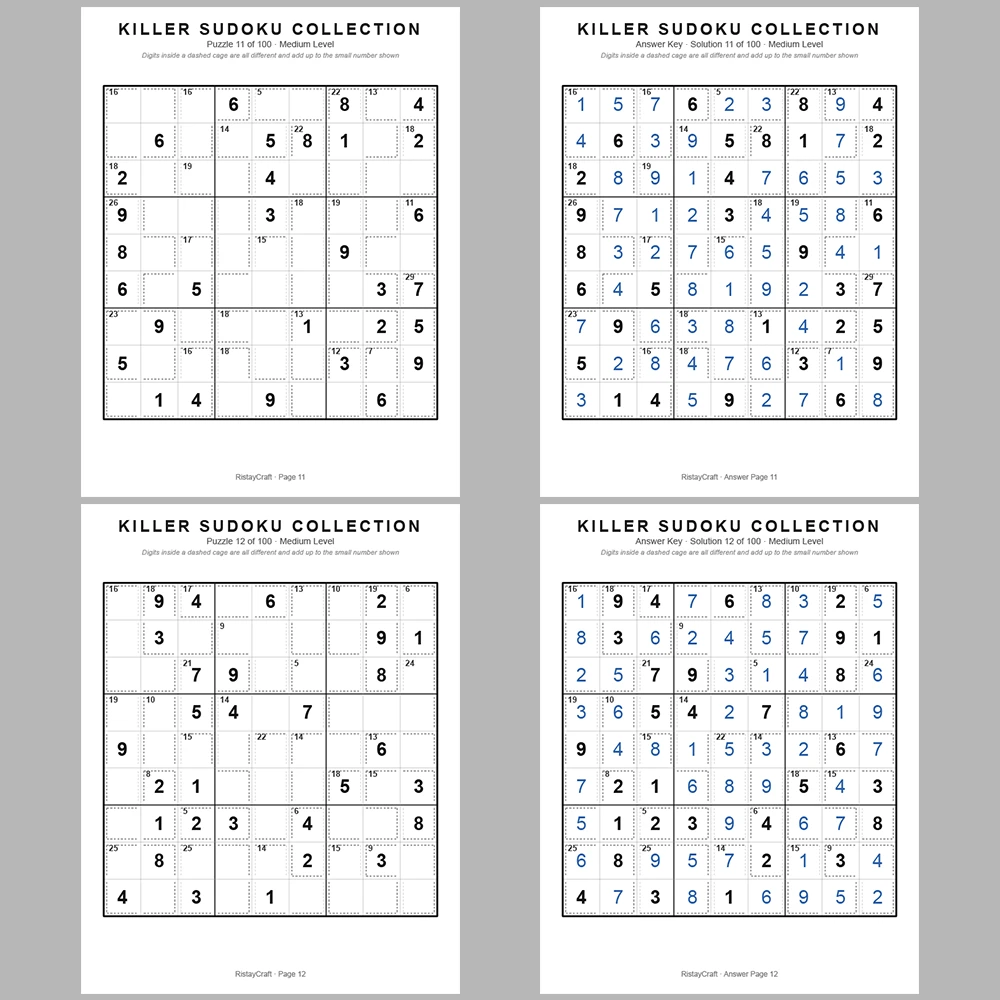 Sudoku Puzzle Killer Sudoku 100 Puzzle Pages + 100 Answer Key Pages