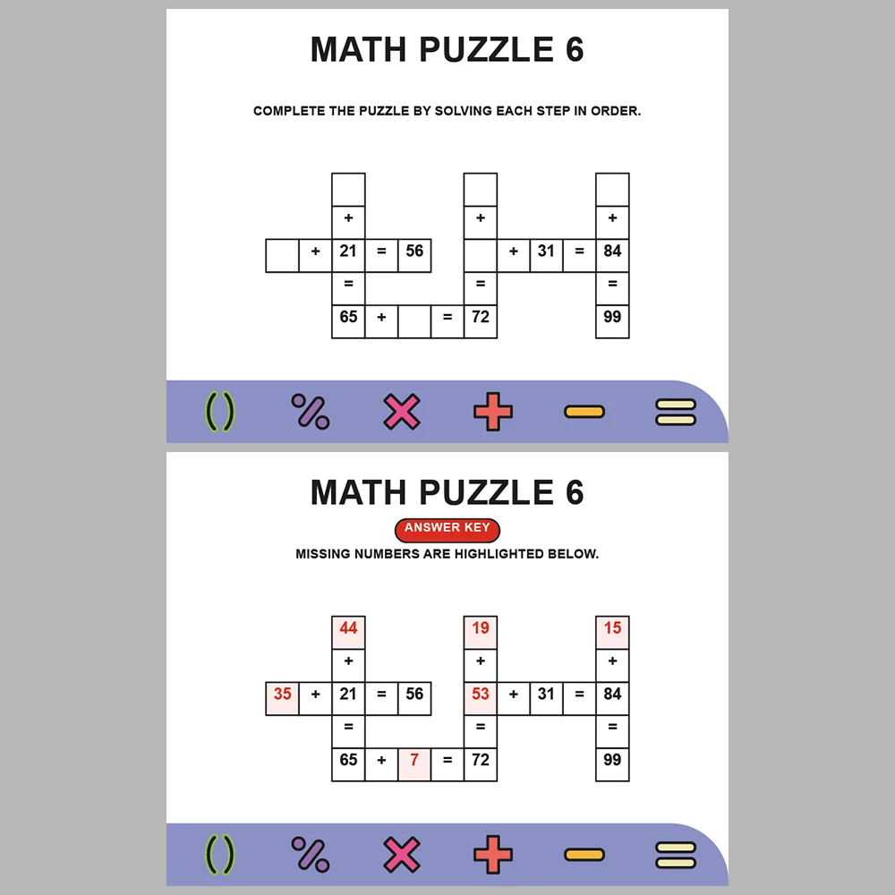 Math Puzzle Addition 10 Puzzle Pages + 10 Answer Key Pages (Vol. 7)