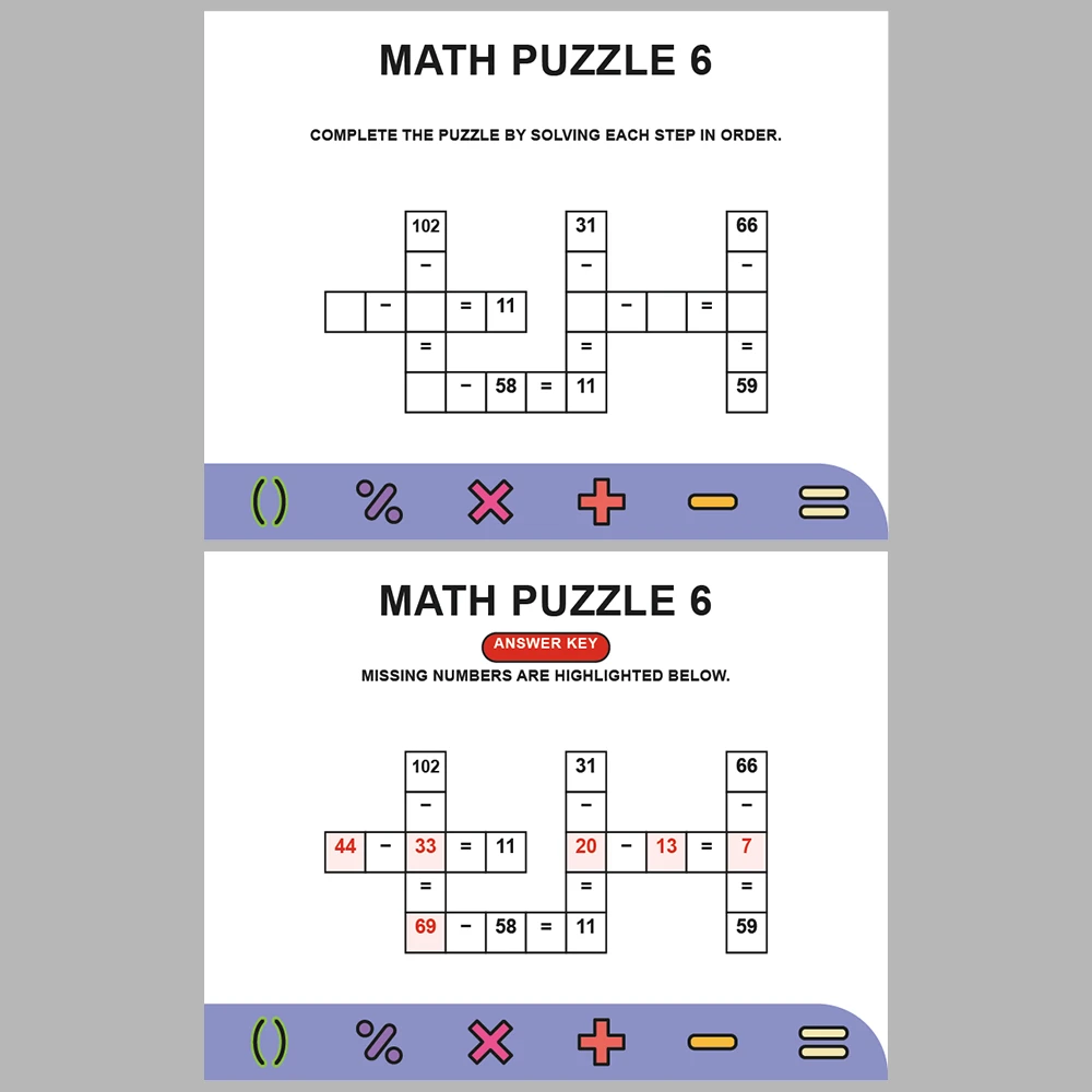 Math Puzzle Subtraction 10 Puzzle Pages + 10 Answer Key Pages (Vol. 1)