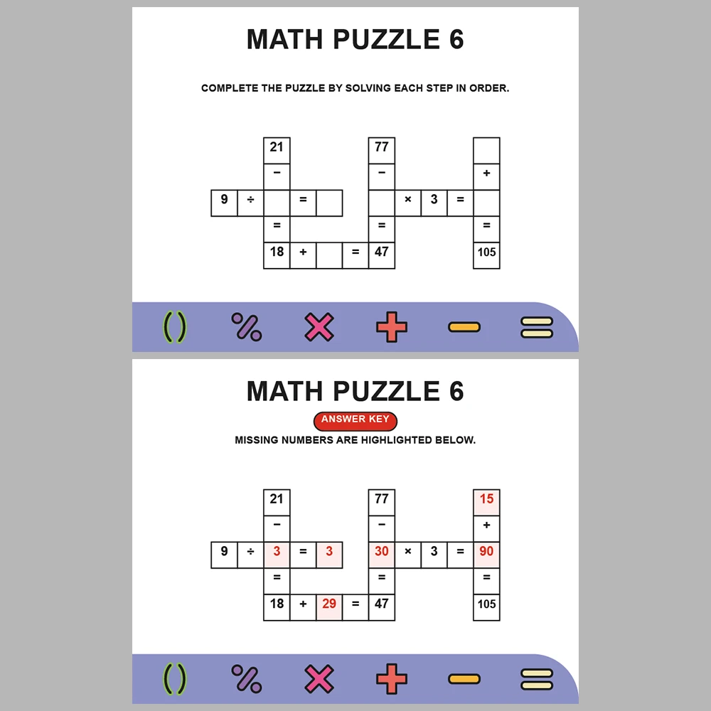 Math Puzzle Four Operations 10 Puzzle Pages + 10 Answer Key Pages (Vol. 16)