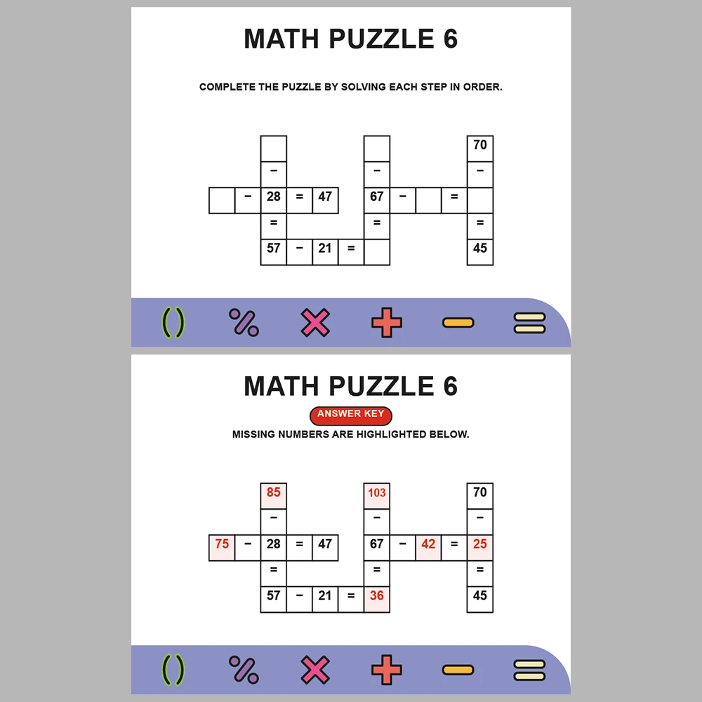Math Puzzle Subtraction 10 Puzzle Pages + 10 Answer Key Pages (Vol. 6)