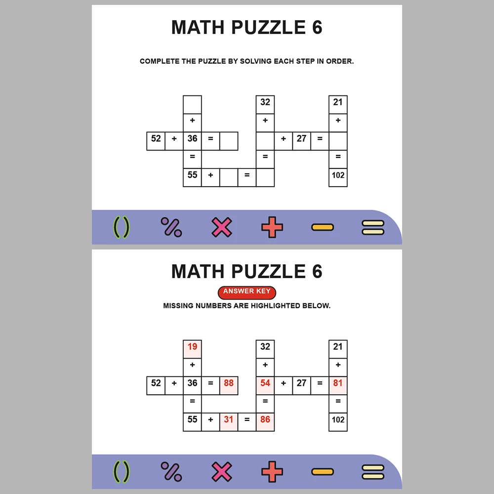 Math Puzzle Addition 10 Puzzle Pages + 10 Answer Key Pages (Vol. 9)