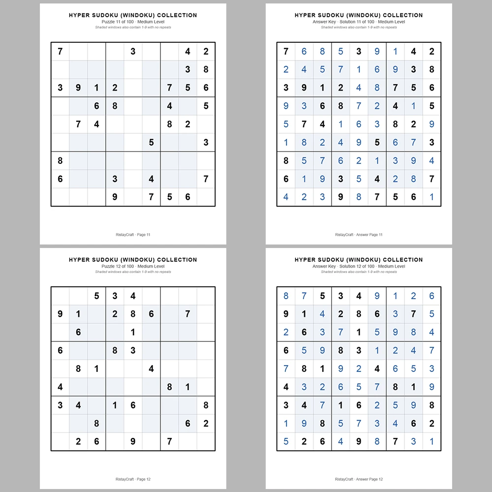 Sudoku Puzzle Hyper Sudoku 100 Puzzle Pages + 100 Answer Key Pages