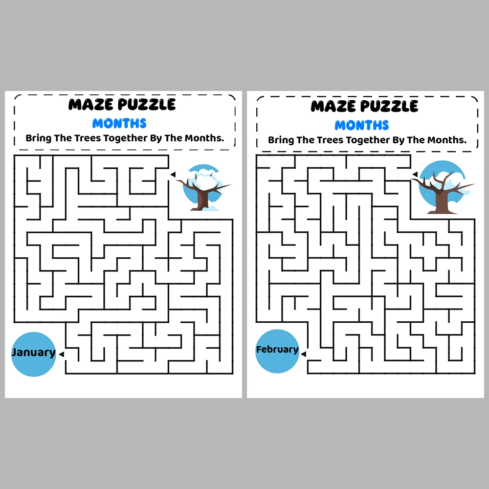 Months Kids Maze Puzzle 10 Pages of Puzzles