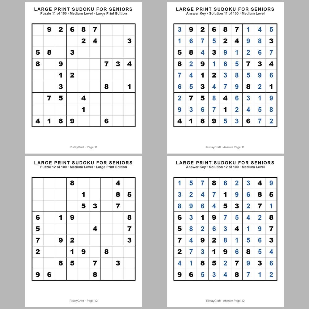 Sudoku Puzzle Senior – Medium 100 Puzzle Pages + 100 Answer Key Pages