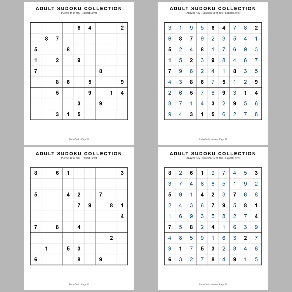 Sudoku Puzzle Adult Expert 100 Puzzle Pages + 100 Answer Key Pages