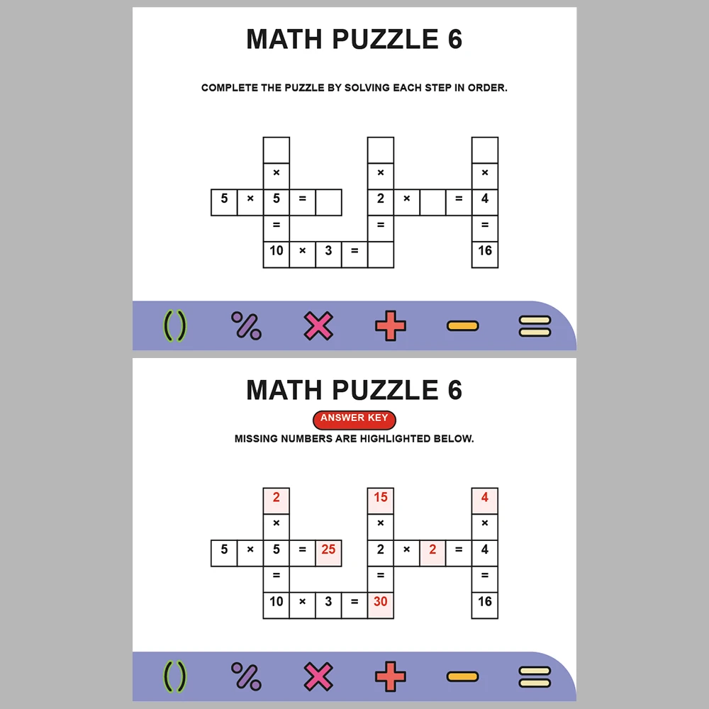 Math Puzzle Multiplication 10 Puzzle Pages + 10 Answer Key Pages (Vol. 6)
