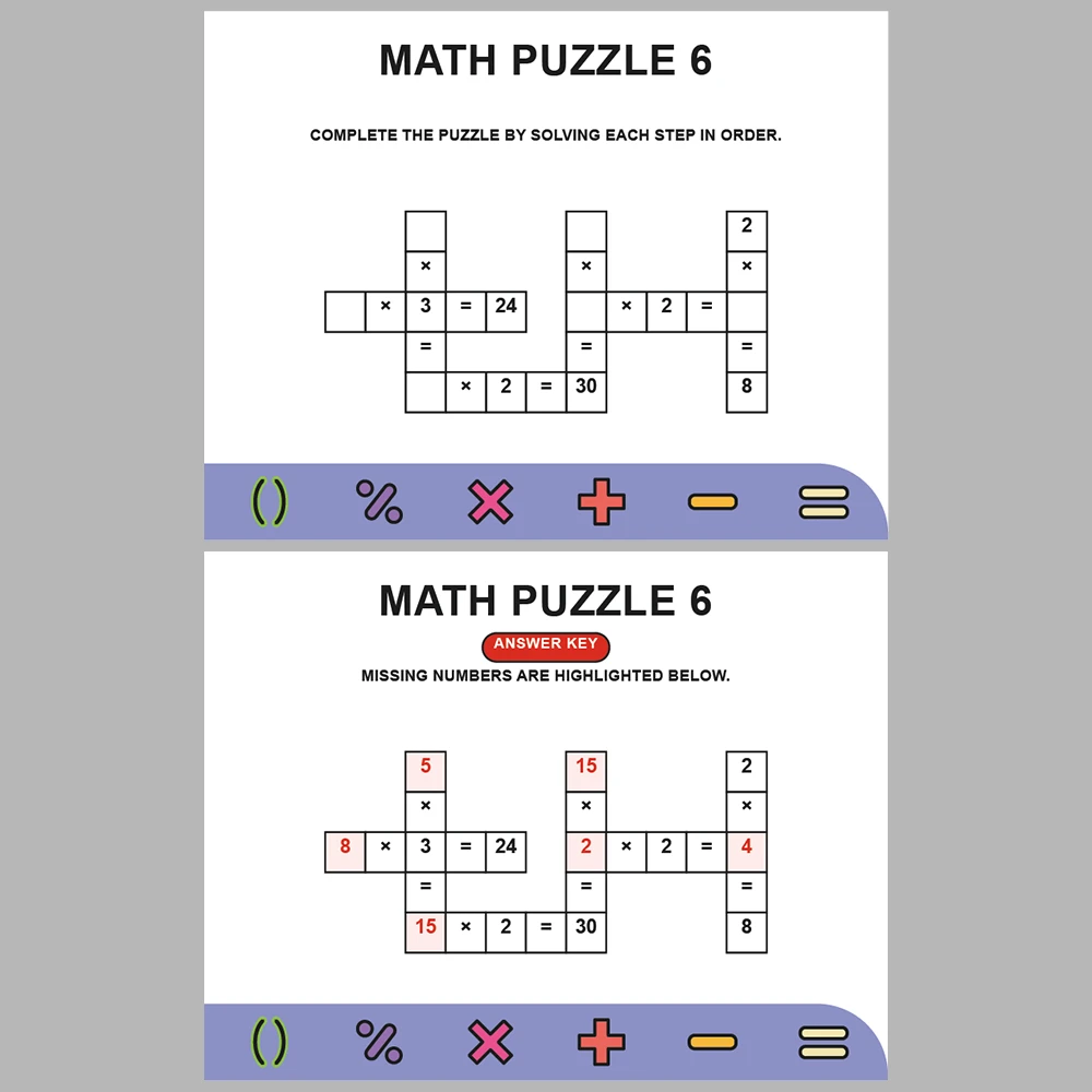 Math Puzzle Multiplication 10 Puzzle Pages + 10 Answer Key Pages (Vol. 3)