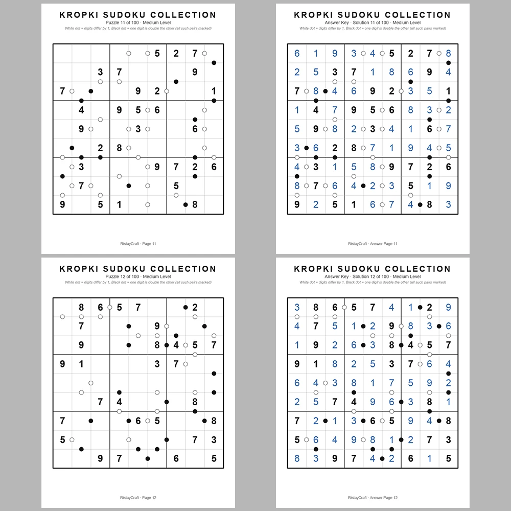 Sudoku Puzzle Kropki Sudoku 100 Puzzle Pages + 100 Answer Key Pages