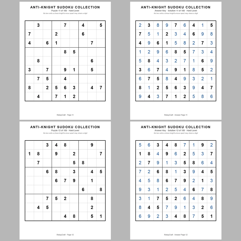 Sudoku Puzzle Anti-knight Sudoku 100 Puzzle Pages + 100 Answer Key Pages