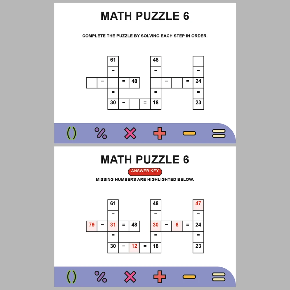 Math Puzzle Subtraction 10 Puzzle Pages + 10 Answer Key Pages (Vol. 3)