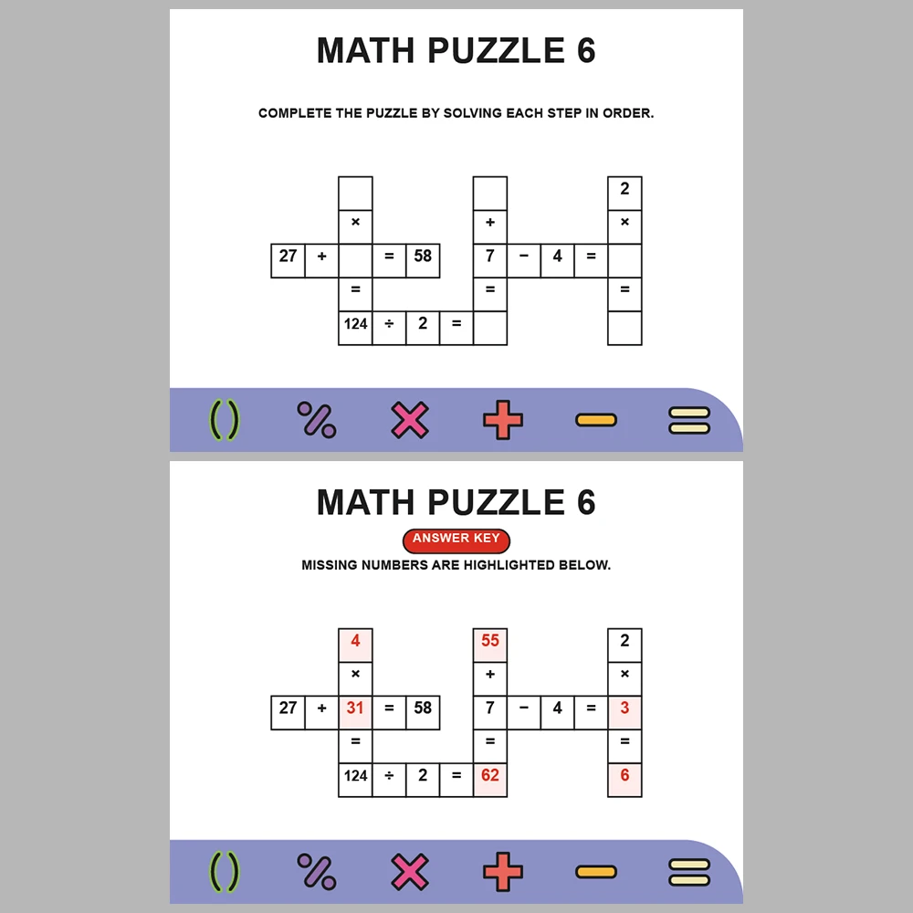 Math Puzzle Four Operations 10 Puzzle Pages + 10 Answer Key Pages (Vol. 10)