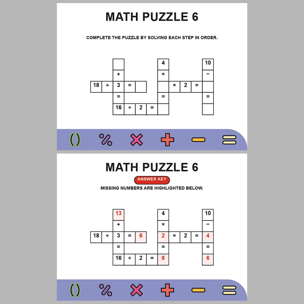 Math Puzzle Four Operations 10 Puzzle Pages + 10 Answer Key Pages (Vol. 3)
