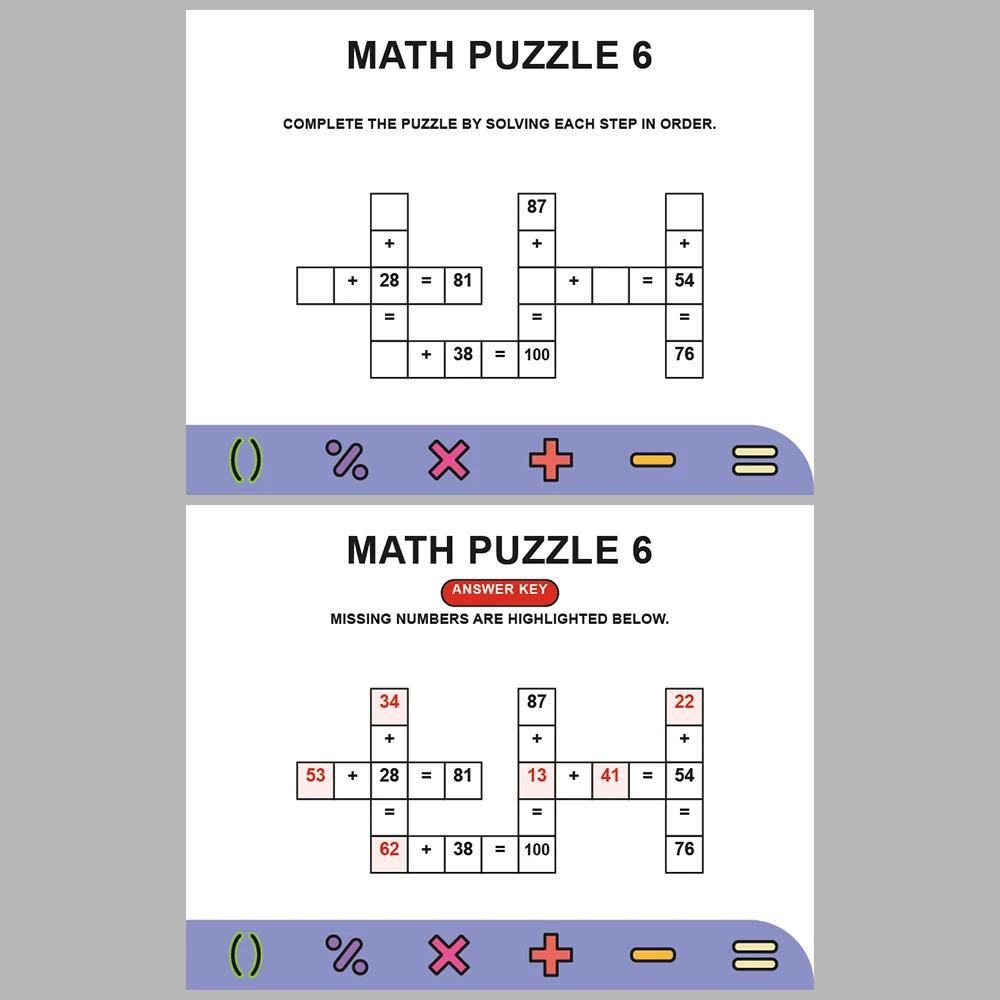 Math Puzzle Addition 10 Puzzle Pages + 10 Answer Key Pages (Vol. 6)