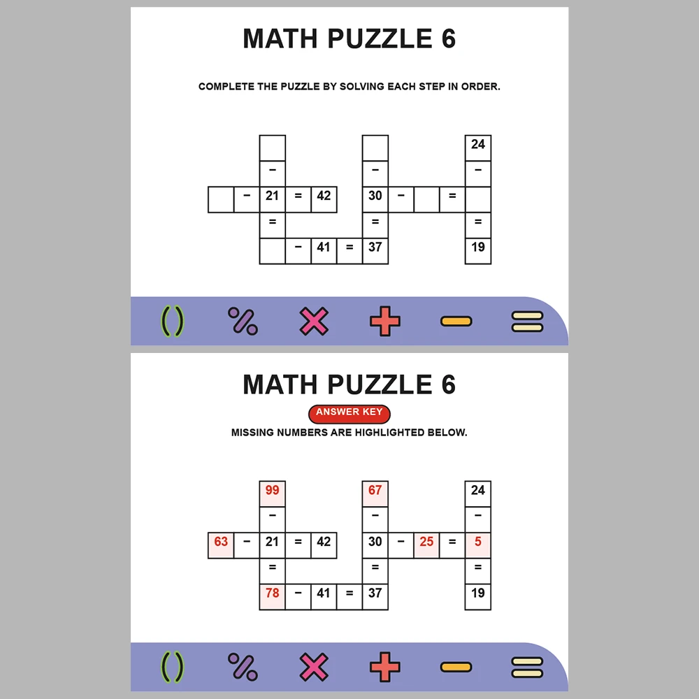 Math Puzzle Subtraction 10 Puzzle Pages + 10 Answer Key Pages (Vol. 5)