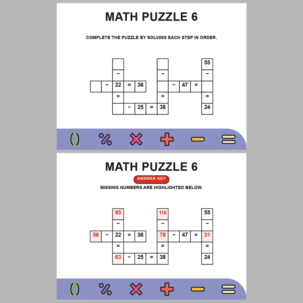 Math Puzzle Subtraction 10 Puzzle Pages + 10 Answer Key Pages (Vol. 7)
