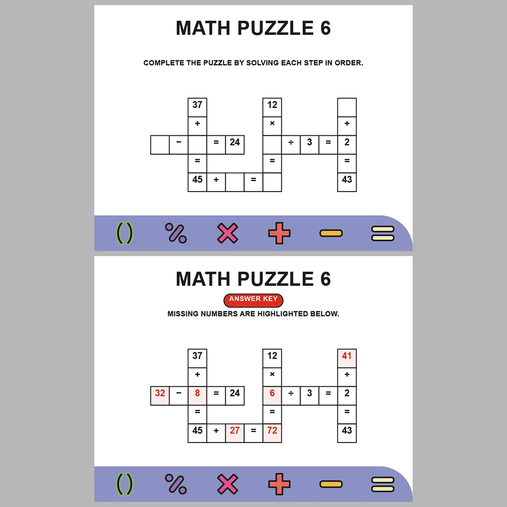 Math Puzzle Four Operations 10 Puzzle Pages + 10 Answer Key Pages (Vol. 11)