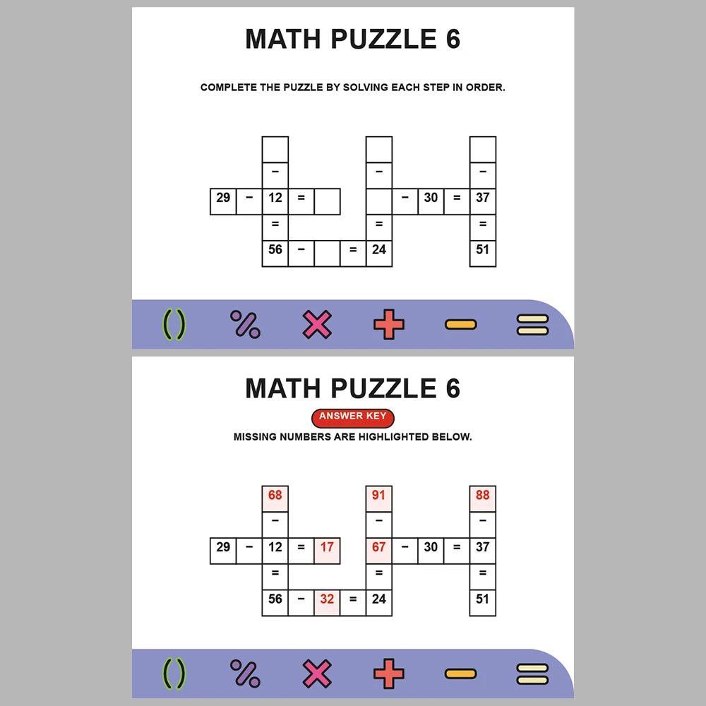 Math Puzzle Subtraction 10 Puzzle Pages + 10 Answer Key Pages (Vol. 4)