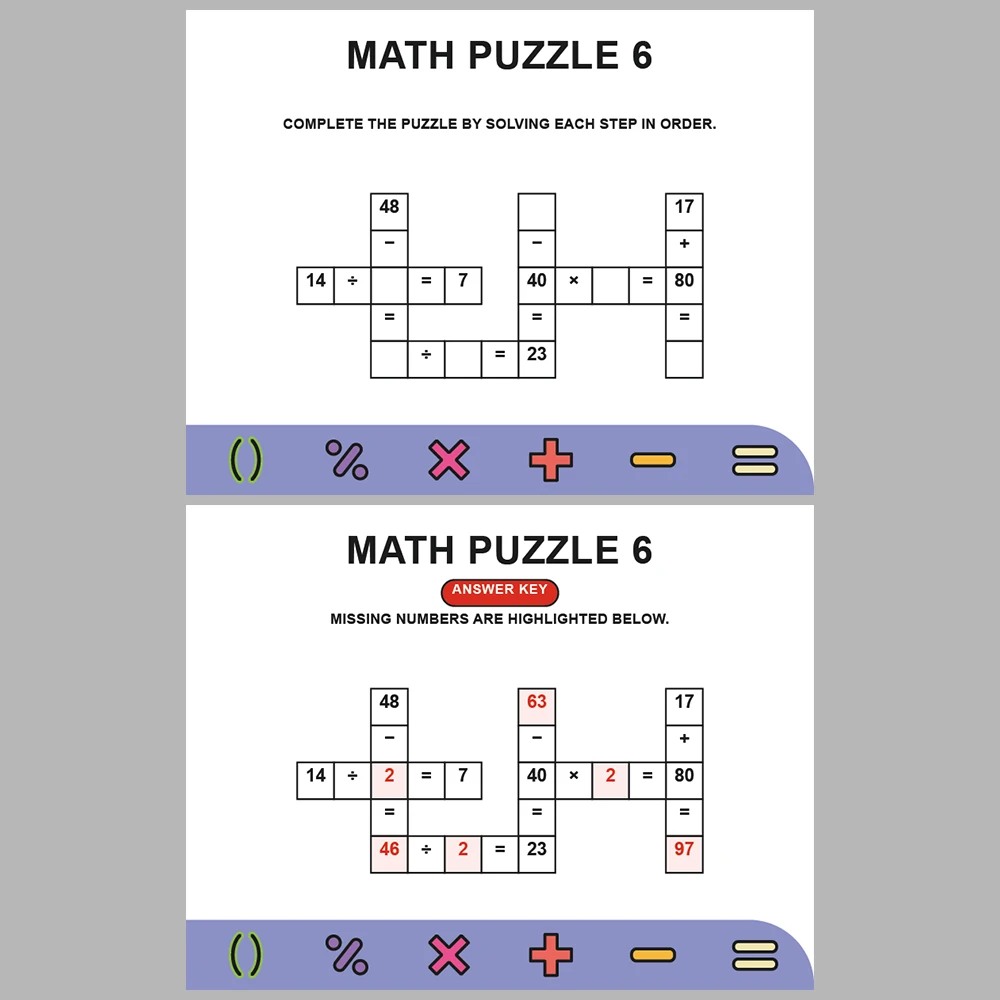 Math Puzzle Four Operations 10 Puzzle Pages + 10 Answer Key Pages (Vol. 14)
