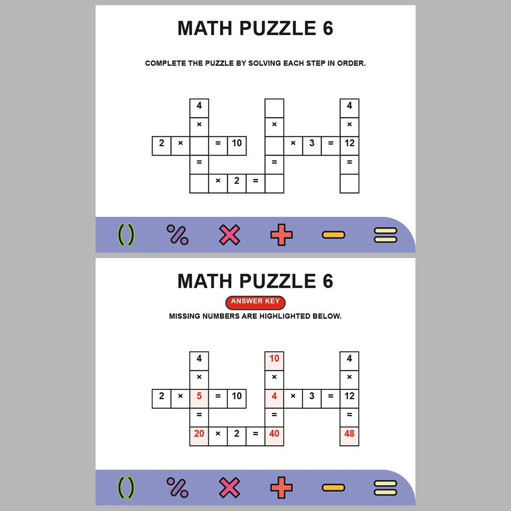 Math Puzzle Multiplication 10 Puzzle Pages + 10 Answer Key Pages (Vol. 5)