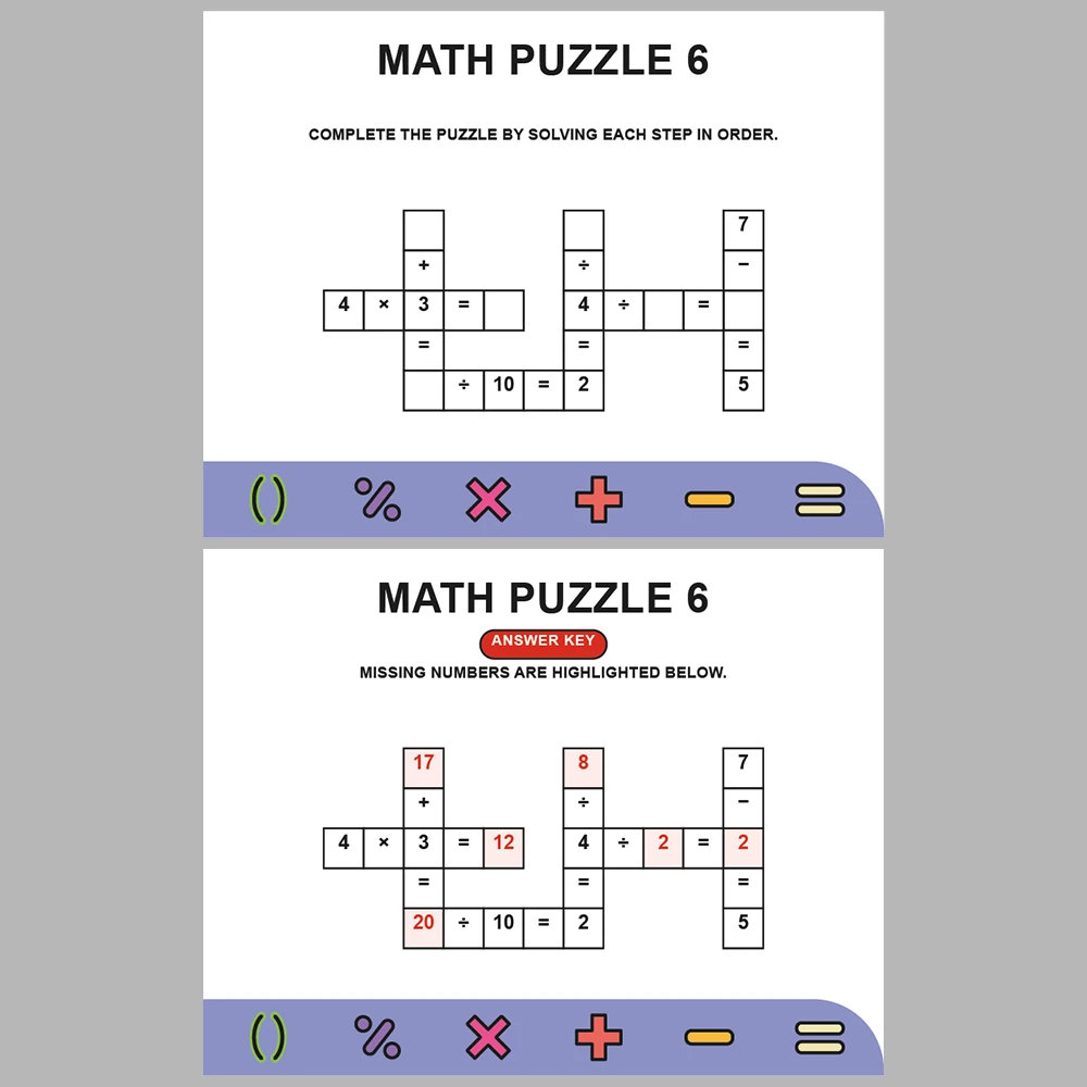 Math Puzzle Four Operations 10 Puzzle Pages + 10 Answer Key Pages (Vol. 2)