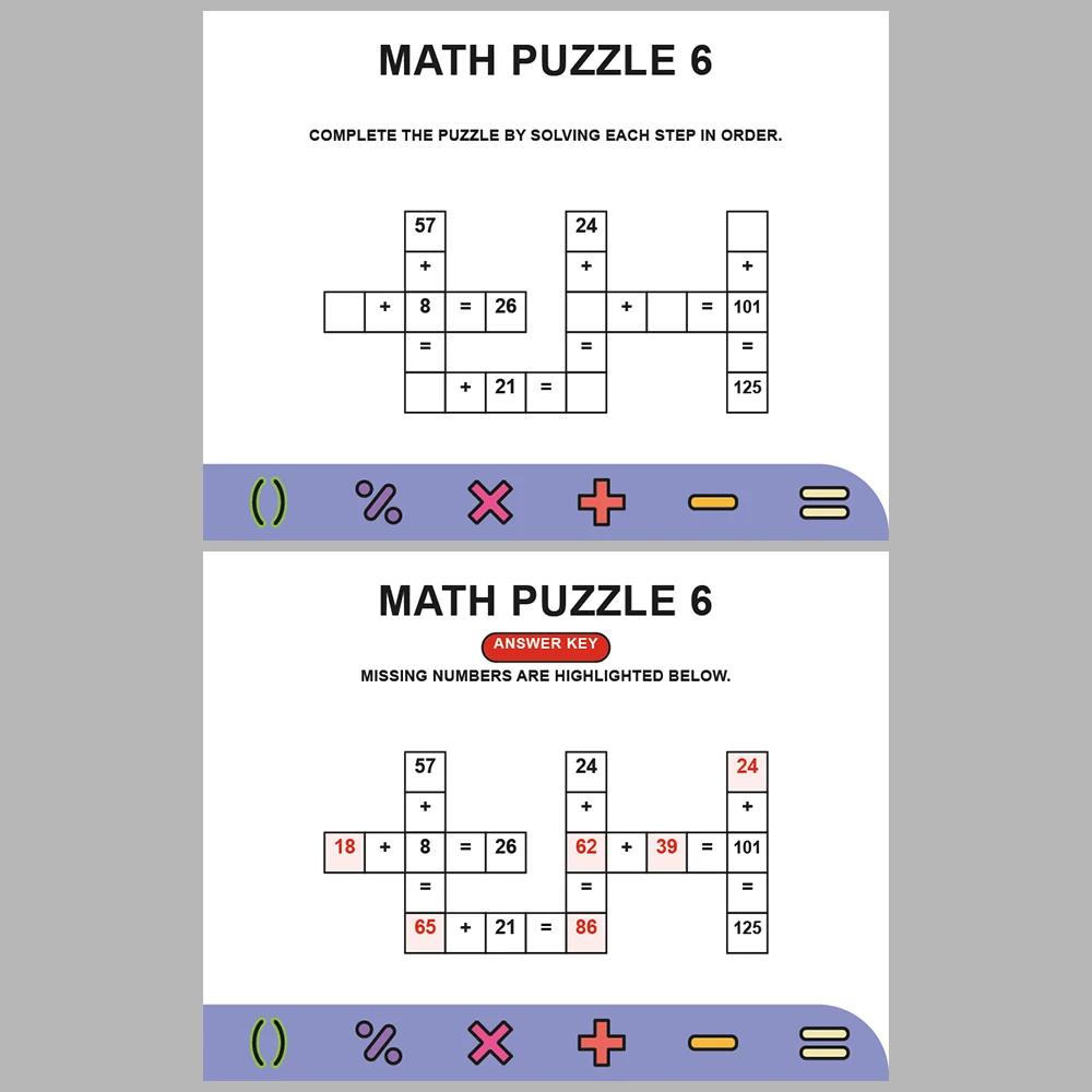 Math Puzzle Addition 10 Puzzle Pages + 10 Answer Key Pages (Vol. 4)