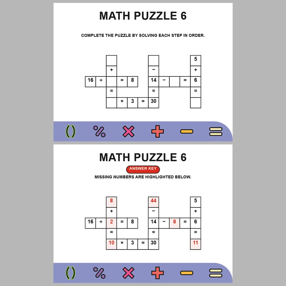 Math Puzzle Four Operations 10 Puzzle Pages + 10 Answer Key Pages (Vol. 1)
