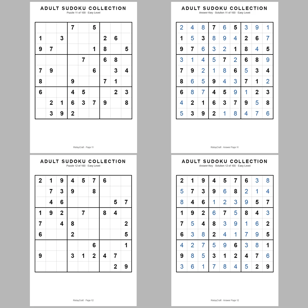 Sudoku Puzzle Adult Easy 100 Puzzle Pages + 100 Answer Key Pages