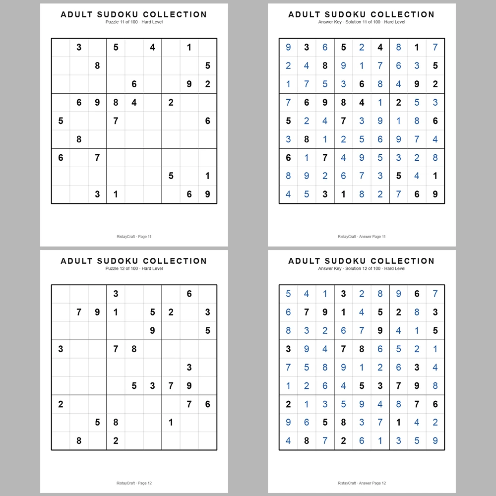 Sudoku Puzzle Adult Hard 100 Puzzle Pages + 100 Answer Key Pages