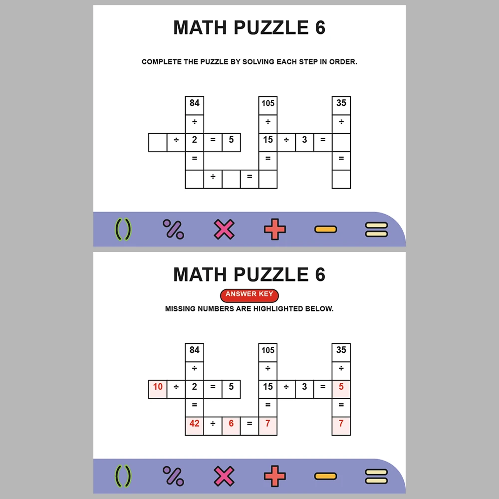 Math Puzzle Division 10 Puzzle Pages + 10 Answer Key Pages (Vol. 9)