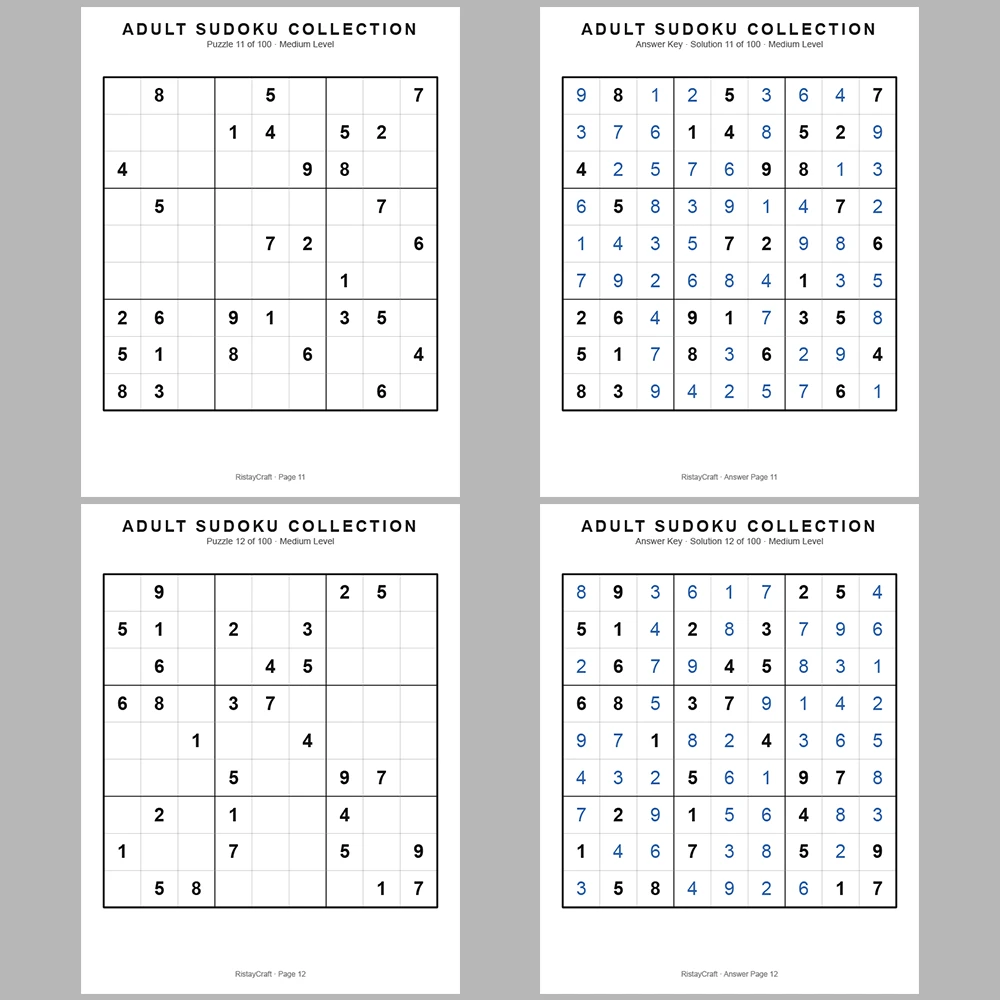 Sudoku Puzzle Adult Medium 100 Puzzle Pages + 100 Answer Key Pages