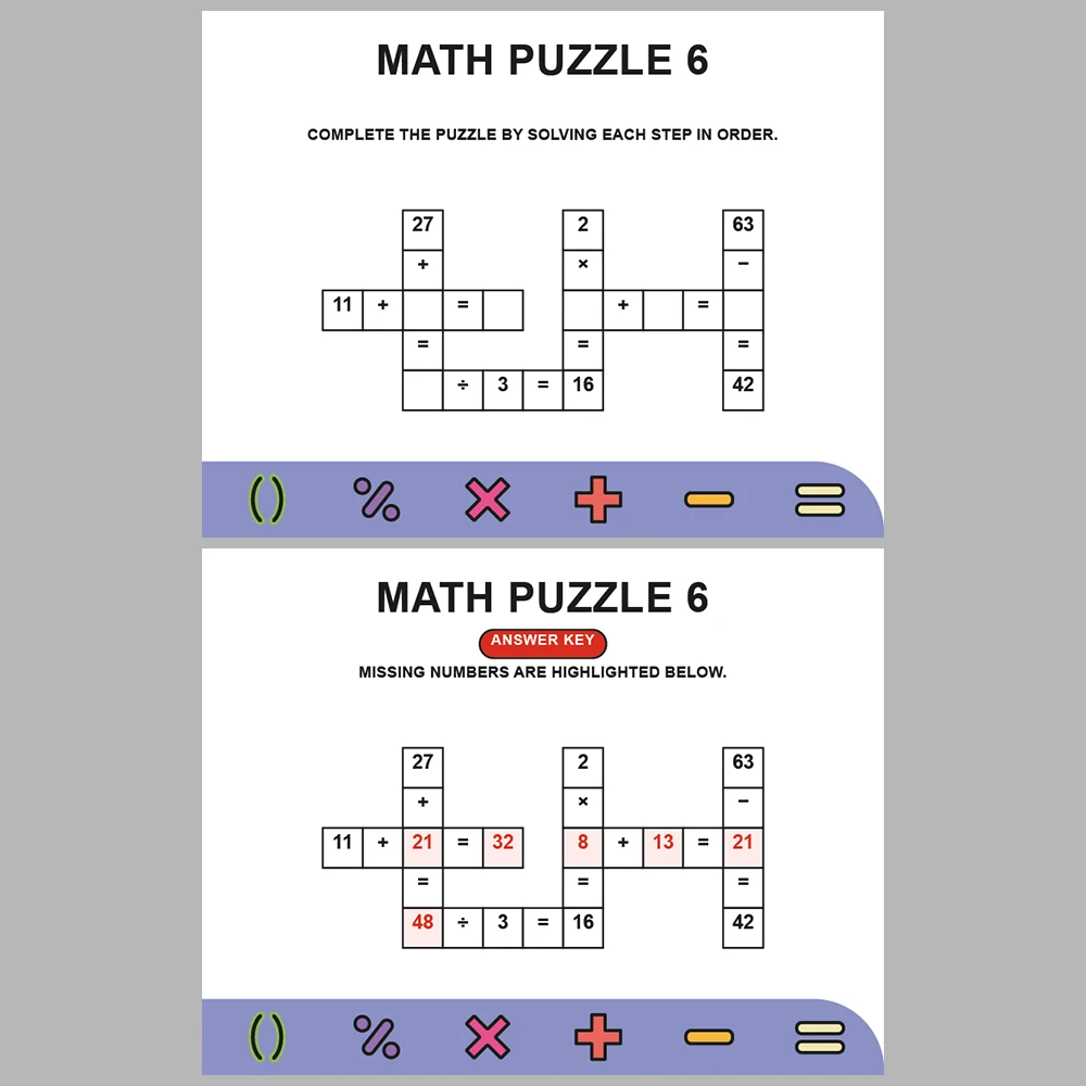 Math Puzzle Four Operations 10 Puzzle Pages + 10 Answer Key Pages (Vol. 9)
