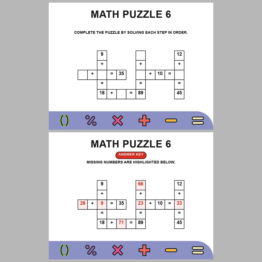 Math Puzzle Addition 10 Puzzle Pages + 10 Answer Key Pages (Vol. 2)