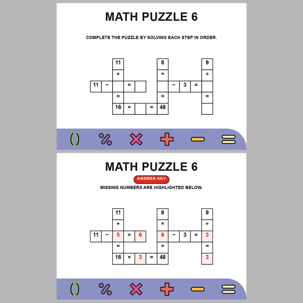Math Puzzle Four Operations 10 Puzzle Pages + 10 Answer Key Pages (Vol. 4)