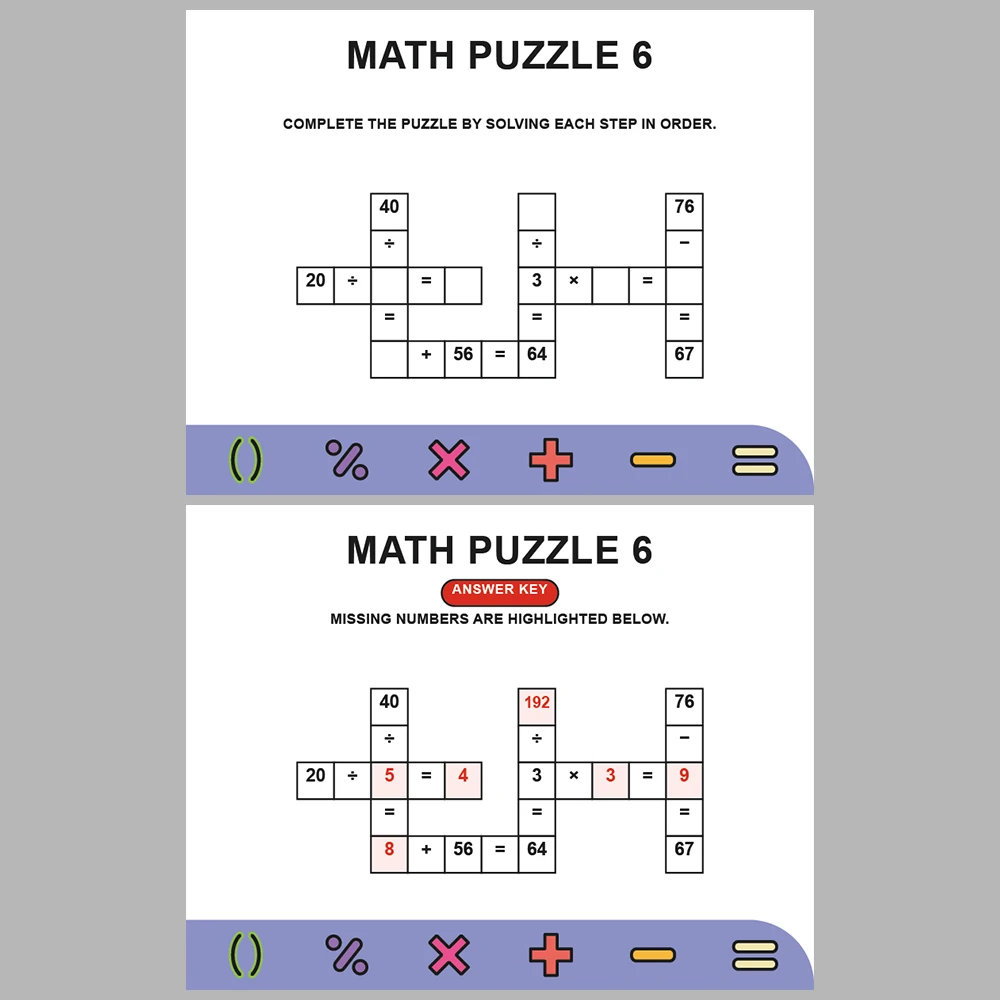 Math Puzzle Four Operations 10 Puzzle Pages + 10 Answer Key Pages (Vol. 18)
