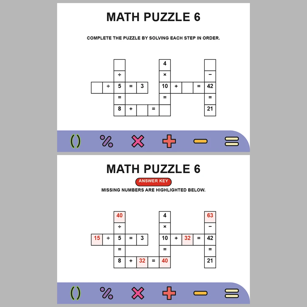 Math Puzzle Four Operations 10 Puzzle Pages + 10 Answer Key Pages (Vol. 7)