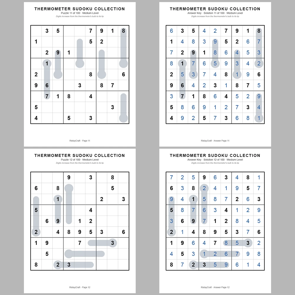 Sudoku Puzzle Thermometer Sudoku 100 Puzzle Pages + 100 Answer Key Pages