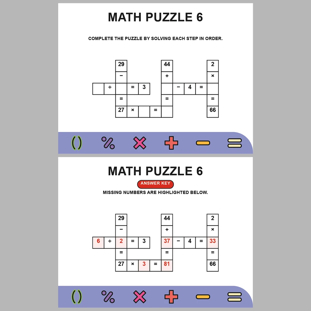 Math Puzzle Four Operations 10 Puzzle Pages + 10 Answer Key Pages (Vol. 6)