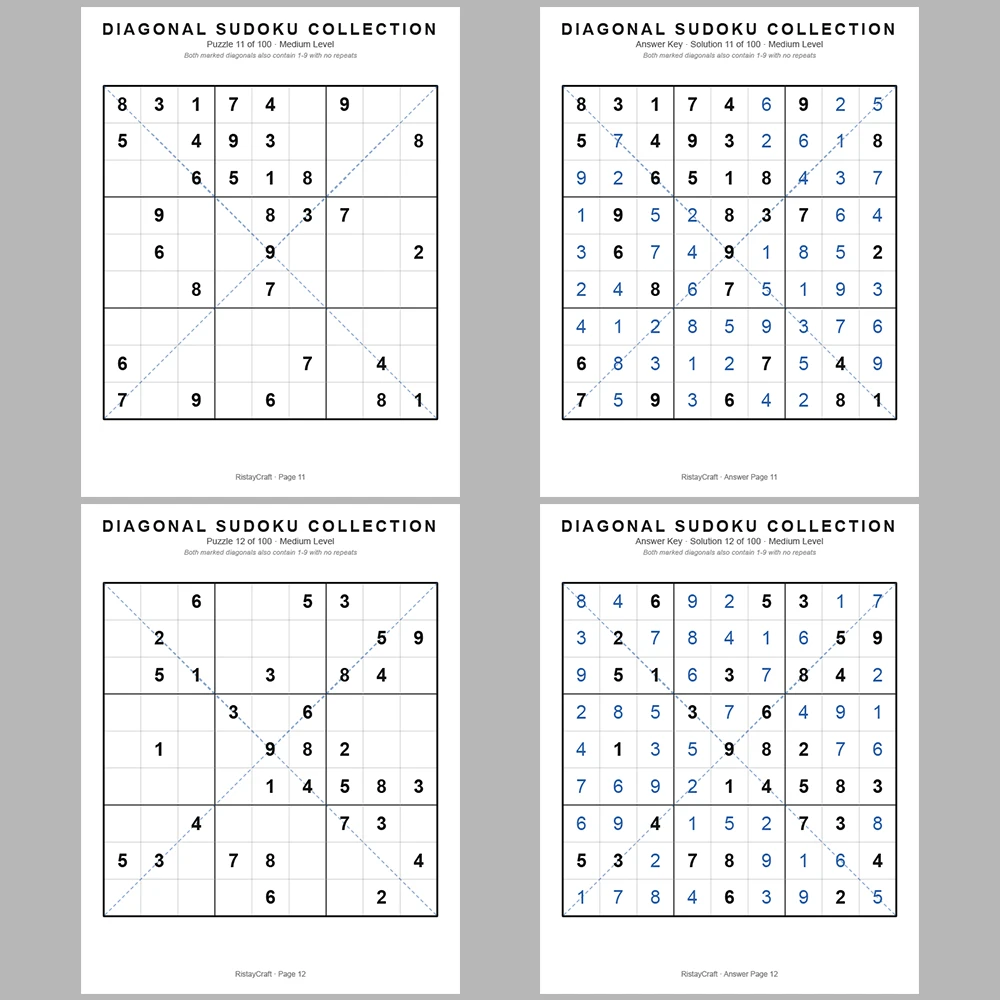 Sudoku Puzzle Diagonal Sudoku 100 Puzzle Pages + 100 Answer Key Pages