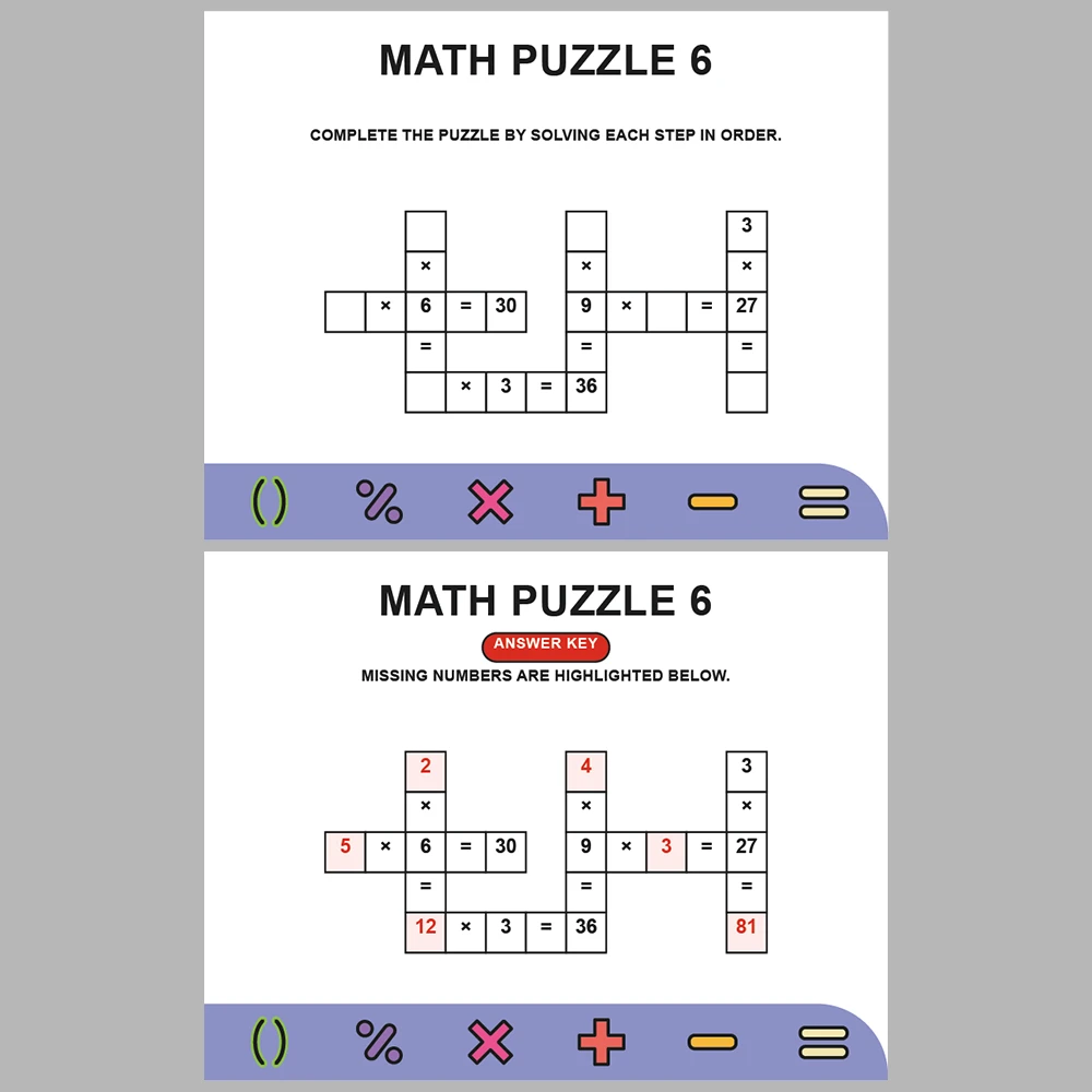 Math Puzzle Multiplication 10 Puzzle Pages + 10 Answer Key Pages (Vol. 2)