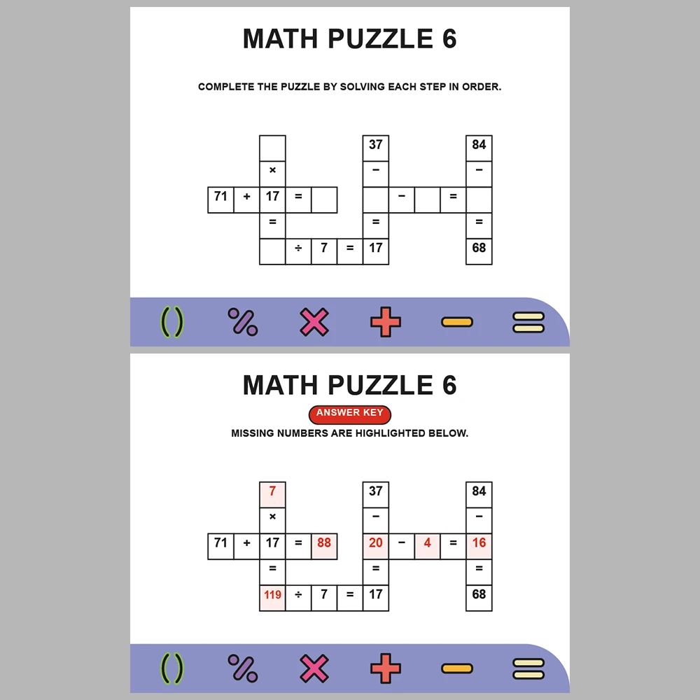 Math Puzzle Four Operations 10 Puzzle Pages + 10 Answer Key Pages (Vol. 19)