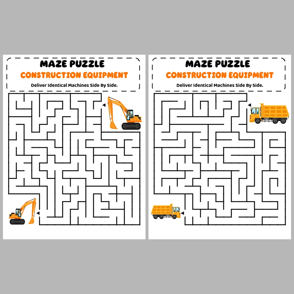 Construction Equipment Kids Maze Puzzle 10 Puzzle Pages + 10 Answer Key Pages