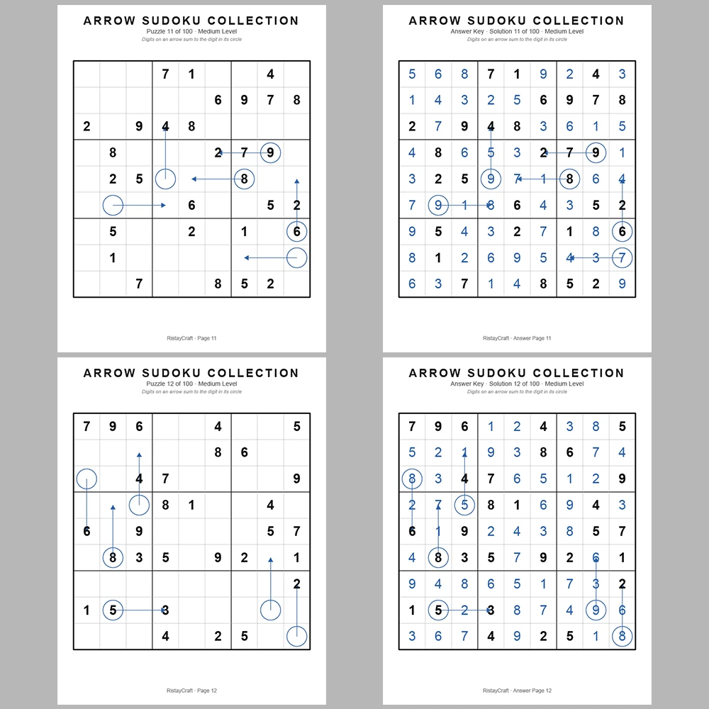 Suooku Puzzle Arrow Sudoku 100 Puzzle Pages + 100 Answer Key Pages